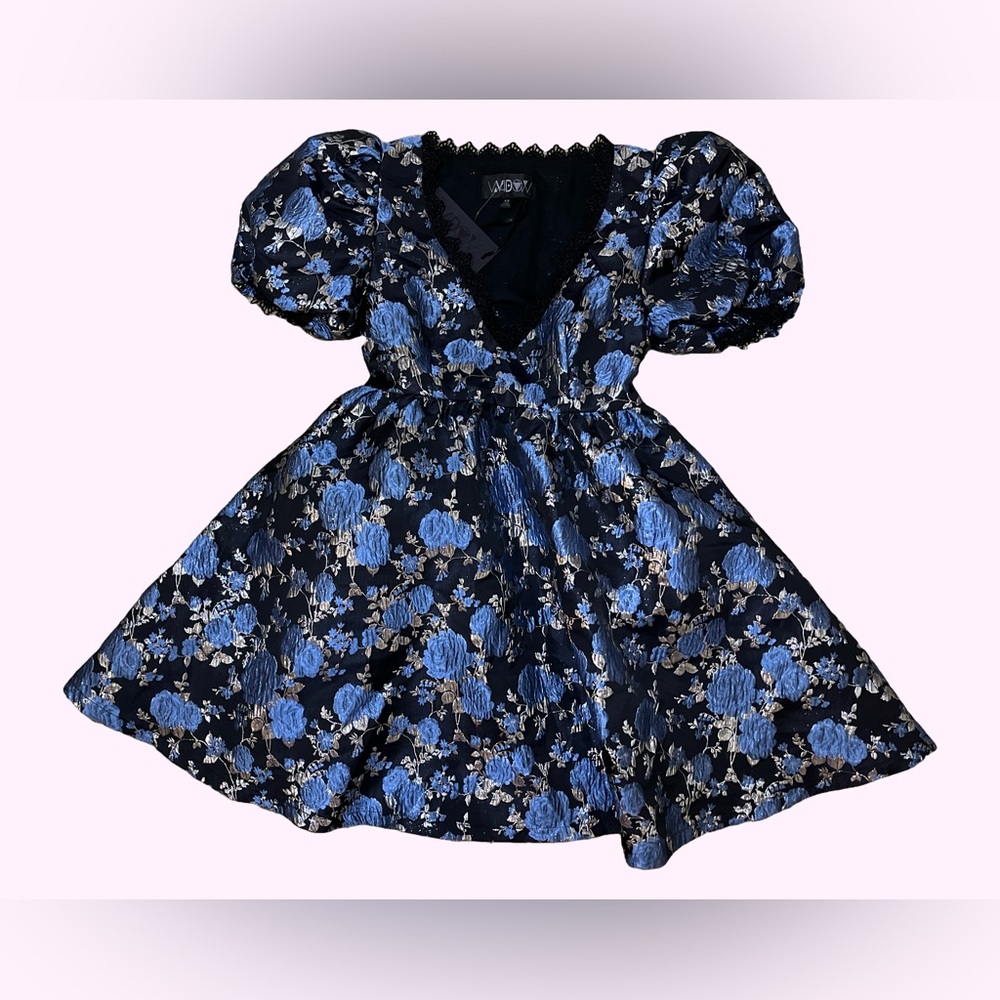 WIDOW / DOLLS KILL Tea Party Gothic Babydoll Blue Rose Brocade Mini Dress